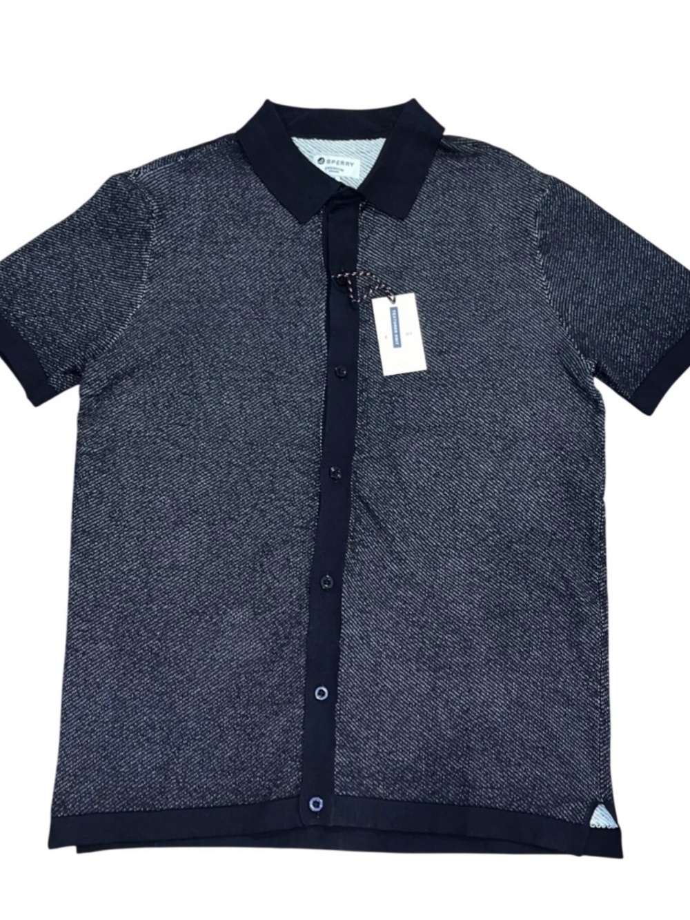 Sperry Textured Knit Navy Blue Short Sleeve Button Up Collared Shirt Medium NWT